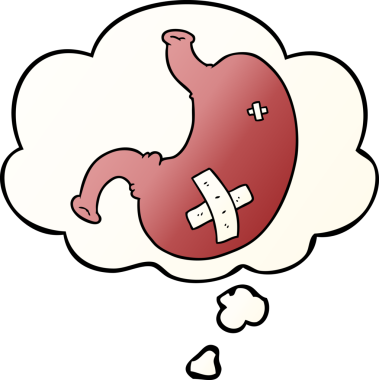 Düşünce baloncuğu olan çizgi film midesi bir insan tarafından çizilmiş.