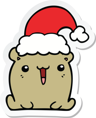 Bir insan tarafından çizilmiş Noel şapkalı şirin bir ayının çıkartması.