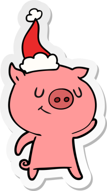 Bir insan tarafından çizilmiş Noel Baba şapkası takan bir domuzun mutlu el çizimi karikatürü.