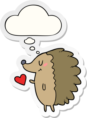 Düşünce baloncuklu şirin kirpi çizgi film karakteri bir insan tarafından çizilmiş çıkartma gibi.