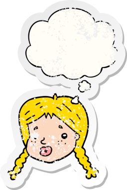 Çizgi filmdeki kızlar, bir insan tarafından çizilmiş kederli bir çıkartma gibi, düşünce baloncuğuyla yüz yüze gelirler.