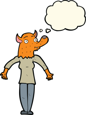 Bir insan tarafından çizilmiş düşünce balonlu tilki kadın.