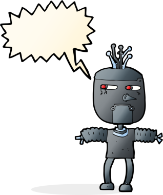 Bir insan tarafından çizilmiş konuşma balonu olan çizgi film robotu.