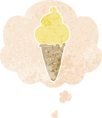 Düşünce baloncuklu çizgi film dondurması grunge sıkıntılı retro desenli bir insan tarafından çizilmiş