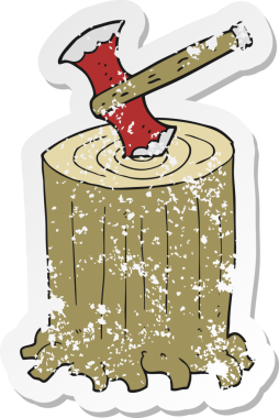 Bir insan tarafından çizilmiş bir ağaç kütüğü ve baltanın gerilimli yapıştırması.