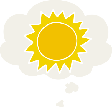 Düşünce baloncuklu karikatür güneşi bir insan tarafından çizilmiş.