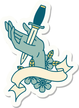 Bir insan tarafından çizilmiş eline hançer işareti olan dövme stili çıkartması.