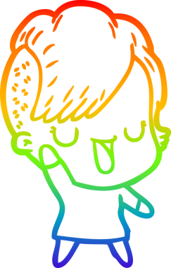 Gökkuşağı gradyan çizimi. Hipster saç kesimi bir insan tarafından çizilmiş şirin bir çizgi film kızı.