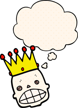 Çizgi roman tarzında bir insan tarafından çizilmiş, tacı ve düşünce baloncuğu olan garip kafataslı bir çizgi film.