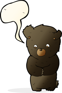 Bir insan tarafından çizilmiş konuşma balonu olan sevimli çizgi film kara ayısı.