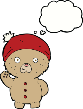 Bir insan tarafından çizilmiş düşünce baloncuğuyla kış şapkalı oyuncak ayıyı sallayan çizgi film.