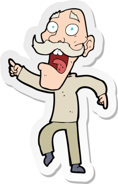 Çizgi film çıkartması. Bir insan tarafından çizilmiş korkmuş yaşlı bir adam.