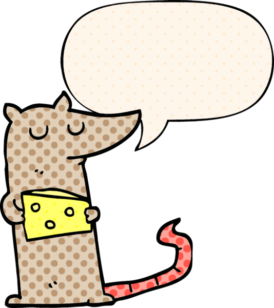 Çizgi roman tarzında peynir ve konuşma balonu olan çizgi roman faresi.