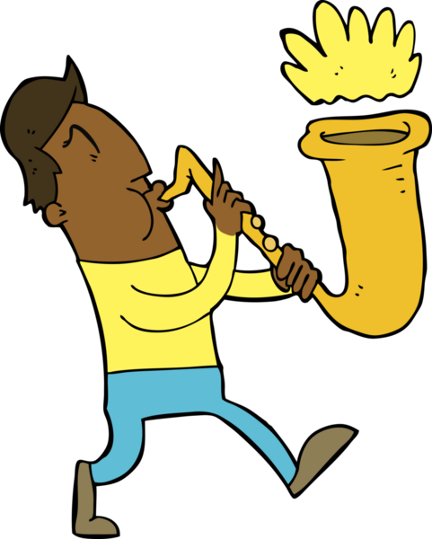 Bir insan tarafından çizilmiş saksafon üfleyen çizgi film adamı.