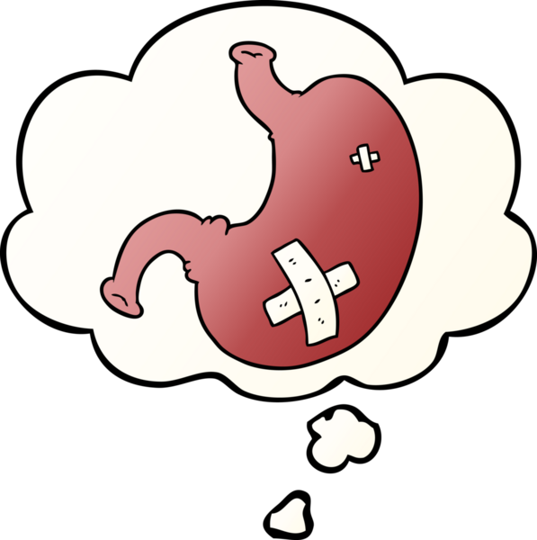 Düşünce baloncuğu olan çizgi film midesi bir insan tarafından çizilmiş.