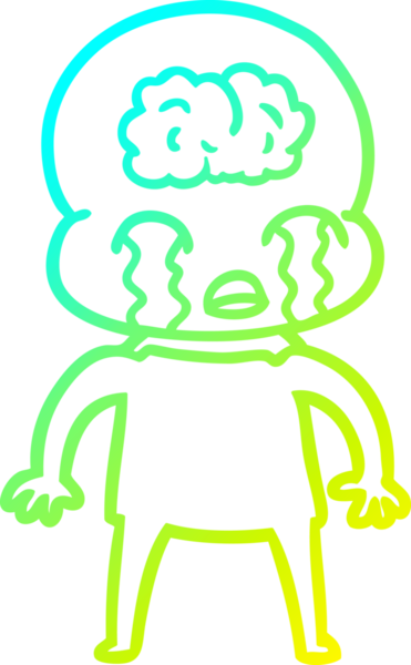 Bir çizgi filmin soğuk gradyan çizimi. Bir insan tarafından çizilmiş ağlayan büyük beyin uzaylısı.