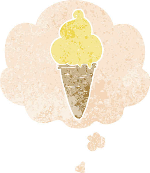 Düşünce baloncuklu çizgi film dondurması grunge sıkıntılı retro desenli bir insan tarafından çizilmiş