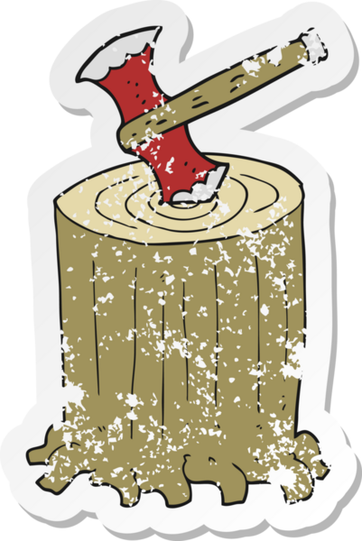 Bir insan tarafından çizilmiş bir ağaç kütüğü ve baltanın gerilimli yapıştırması.