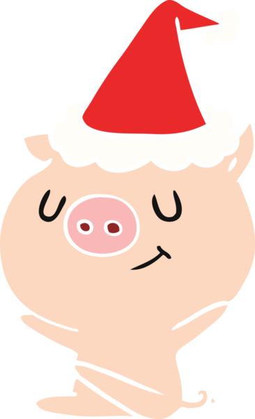 Mutlu el çizimi düz renk çizimi Noel Baba şapkası takan bir domuzun insan tarafından çizilmiş.