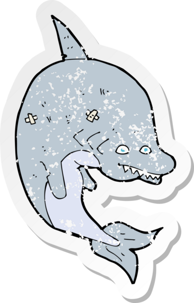 Bir insan tarafından çizilmiş bir karikatür köpekbalığının gerilemiş etiketi.