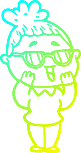 Bir insan tarafından çizilmiş gözlük takan mutlu bir kadının çizgi film çizimi.