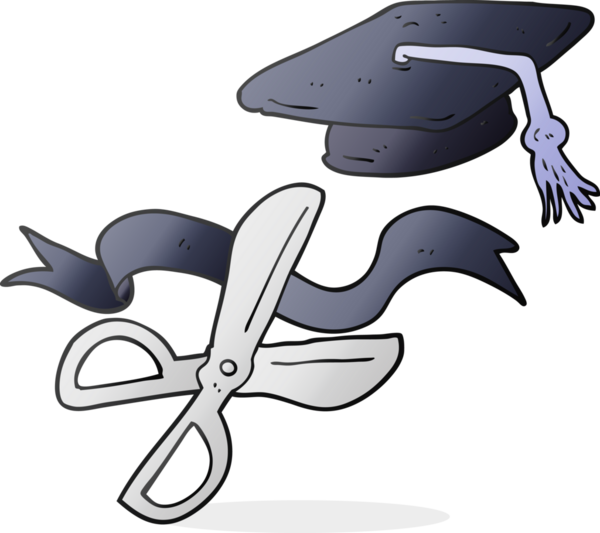 Mezuniyette bir insan tarafından çizilmiş karikatür makas kesme kurdelesi.