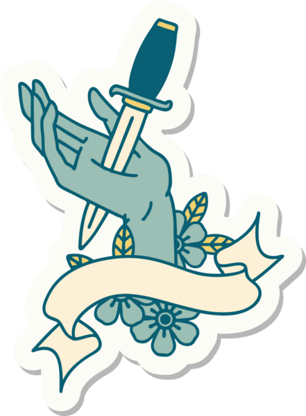 Bir insan tarafından çizilmiş eline hançer işareti olan dövme stili çıkartması.