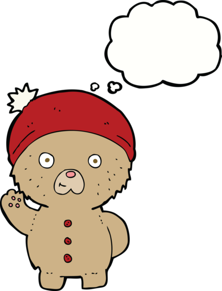 Bir insan tarafından çizilmiş düşünce baloncuğuyla kış şapkalı oyuncak ayıyı sallayan çizgi film.