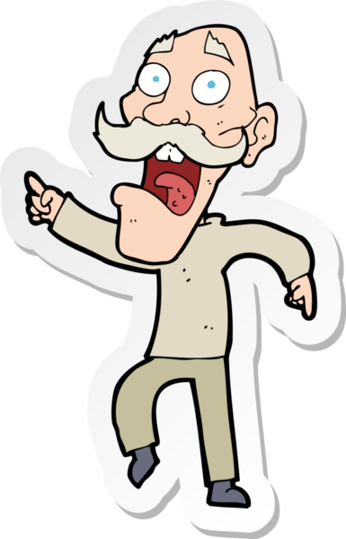 Çizgi film çıkartması. Bir insan tarafından çizilmiş korkmuş yaşlı bir adam.