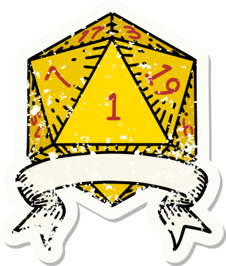 Bir insan tarafından çizilmiş doğal bir d20 zarının grunge çıkartması.