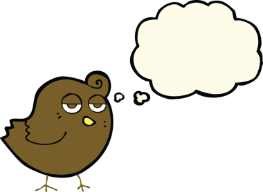 Bir insan tarafından çizilmiş düşünce baloncuklu çizgi film kuşu.