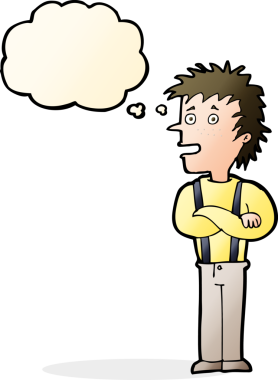 Bir insan tarafından çizilmiş düşünce balonuyla kollarını kavuşturmuş çizgi film çocuğu.