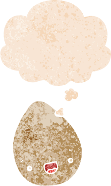 Düşünce baloncuklu çizgi film yumurtası grunge sıkıntılı retro tarzı bir insan tarafından çizilmiş.