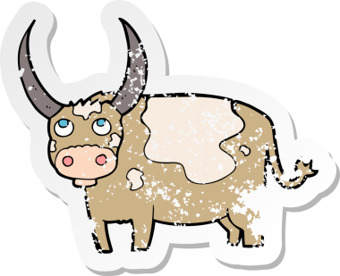 Bir insan tarafından çizilmiş karikatür ineğinin gerilimli çıkartması.