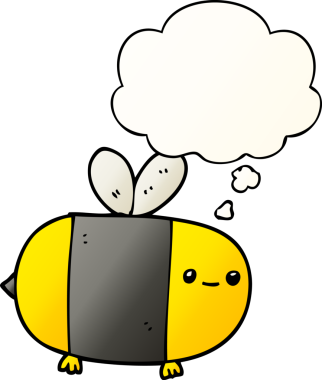 Bir insan tarafından çizilmiş yumuşak eğimli düşünce baloncuklu şirin çizgi film arısı.