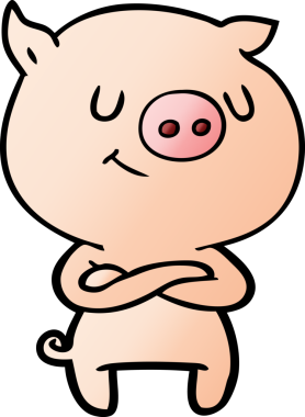 Bir insanın çapraz kollarıyla çizdiği mutlu çizgi film domuzu.