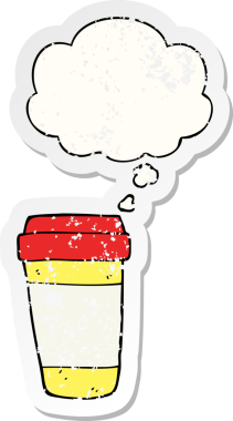 Düşünce baloncuklu çizgi film kahve fincanı insan tarafından çizilmiş yıpranmış bir çıkartma gibi.
