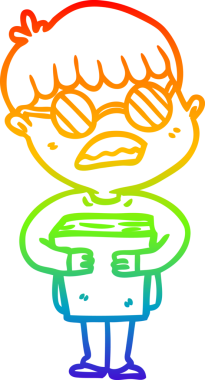 Gökkuşağı gradyan çizgi çizimi. Çizgi film karakteri. Bir insan tarafından çizilmiş gözlük takıyor.