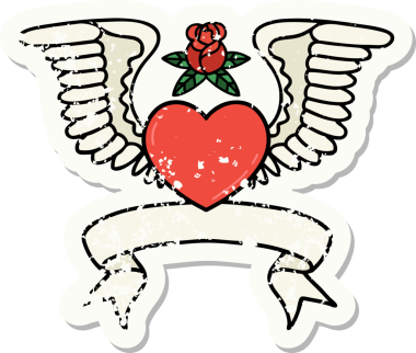 Bir insan tarafından çizilmiş kanatlı bir kalbin bayrağını taşıyan eski bir etiket.