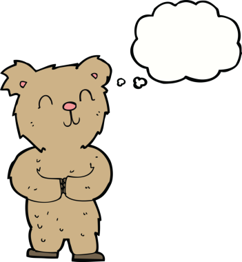 Bir insan tarafından çizilmiş düşünce baloncuğu olan mutlu küçük bir ayı.