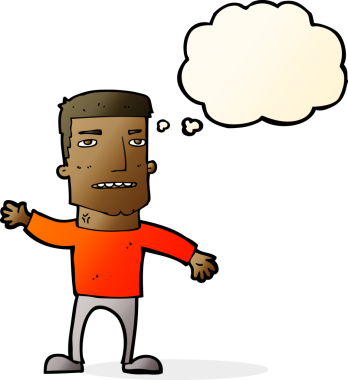 Bir insan tarafından çizilmiş düşünce balonuyla stresli bir adamı sallayan çizgi film.