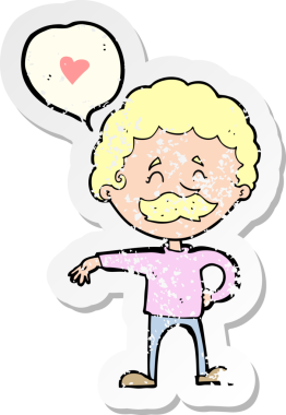 Çizgi film bıyıklı bir adamın, insan tarafından çizilmiş, kederli retro yapıştırması.