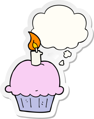 Düşünce baloncuklu çizgi film doğum günü keki insan tarafından çizilmiş bir çıkartma.