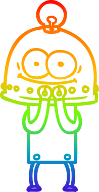 Gökkuşağı gradyan çizgisi mutlu bir karton robot çizimi ve bir insan tarafından çizilmiş ampul.