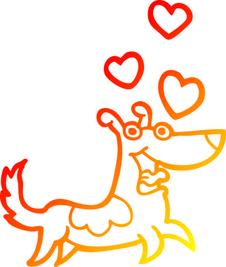 Bir insan tarafından çizilmiş sevgi dolu kalpleri olan çizgi film köpeği çizimi.