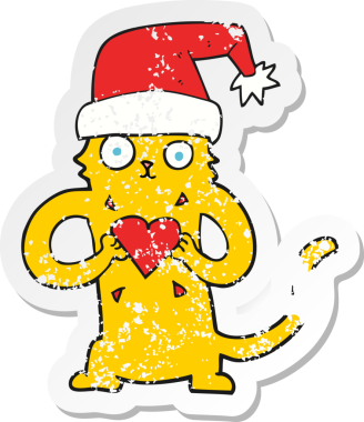 Bir insan tarafından çizilmiş karikatür kedisinin kederli retro yapıştırması.