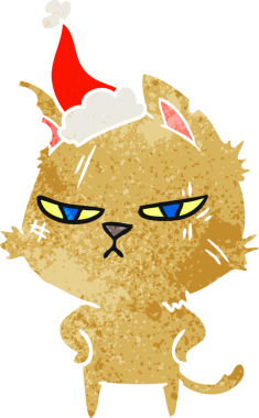 Sert el, bir insan tarafından çizilmiş Noel Baba şapkası takan bir kedinin eski çizgi filmini çizdi.