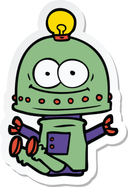 Bir insan tarafından çizilmiş mutlu bir karton robotun çıkartması.