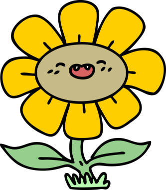 Mutlu bir çiçeğin karikatürü. Bir insan tarafından çizilmiş güneş ışınlarında sırılsıklam.