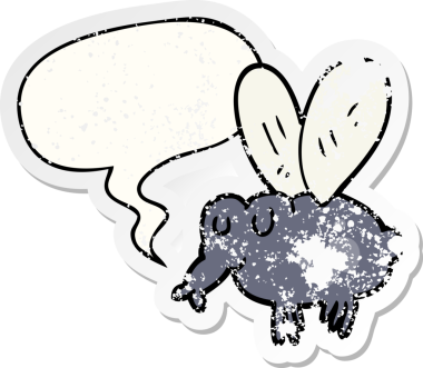 Konuşma baloncuğu olan karikatür sineği bir insan tarafından çizilmiş sıkıntılı eski bir çıkartma